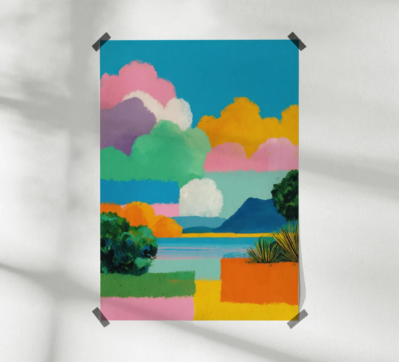 Paesaggio colorato con lago e nuvole carta hahnemühle da Nikis Art Studio