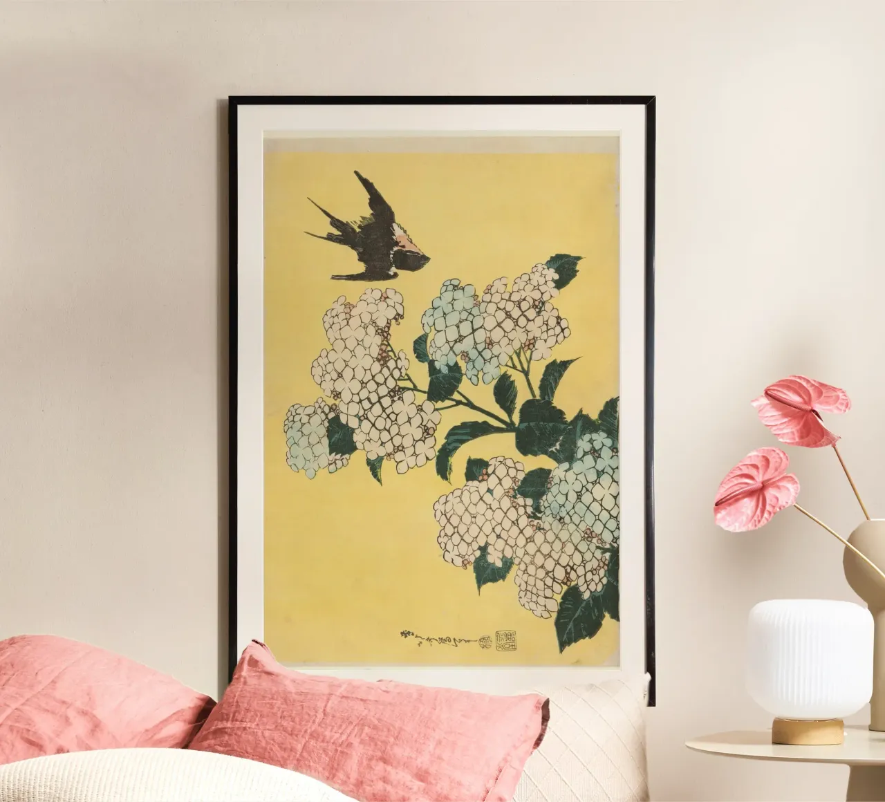 Hydrangea and Swallow carta hahnemühle da vintageshop