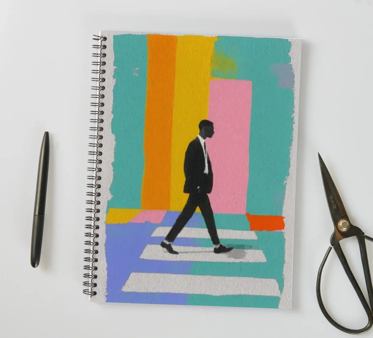 Man on zebra crossing in pastel colours spiral notebook by Nikis Art Studio