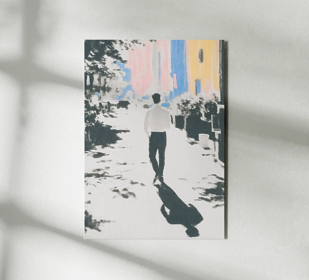 Uomo per strada in colori pastello alluminio dibond da Nikis Art Studio