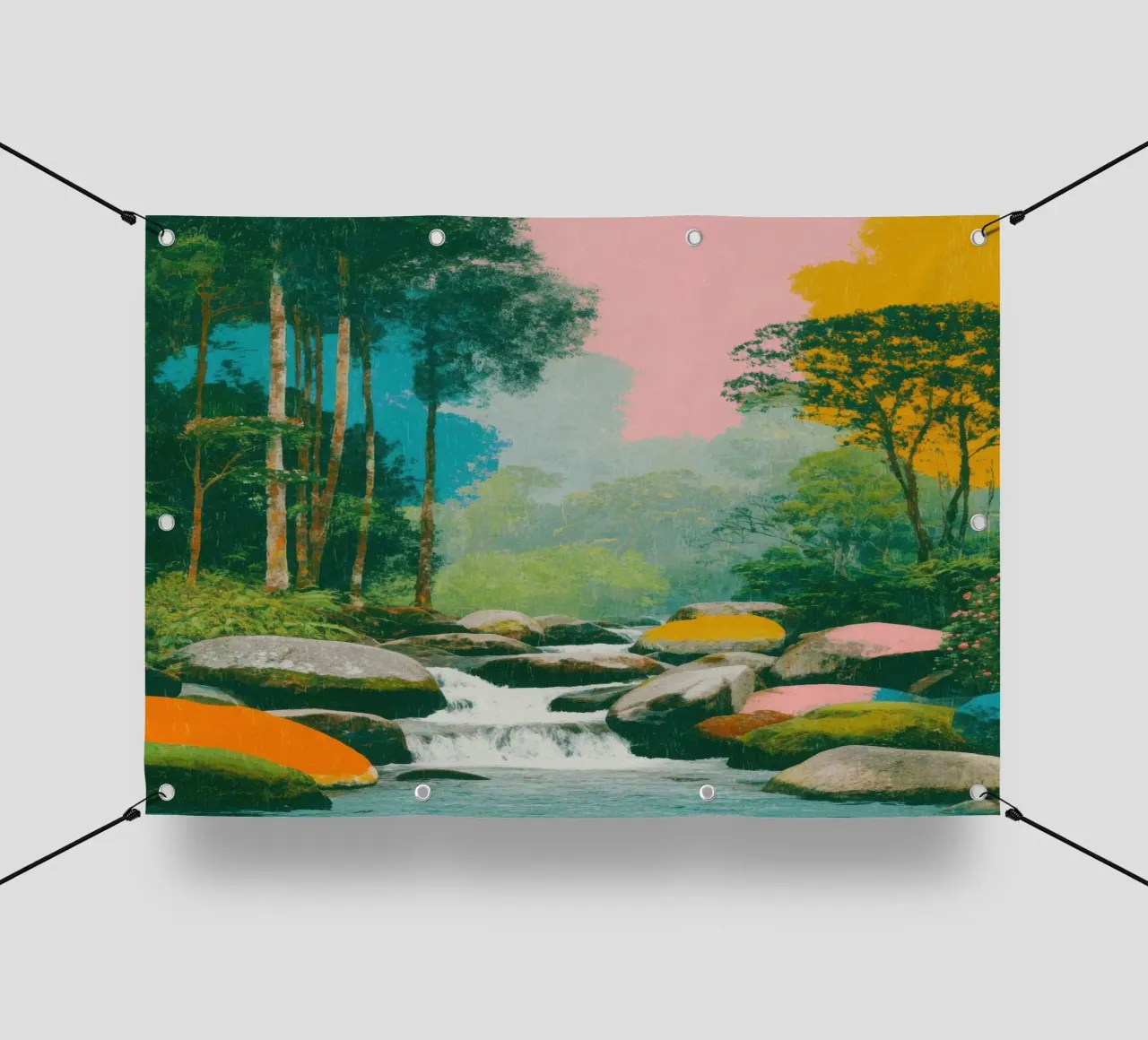 Fiume nella foresta in colori retrò telo in pvc da Nikis Art Studio