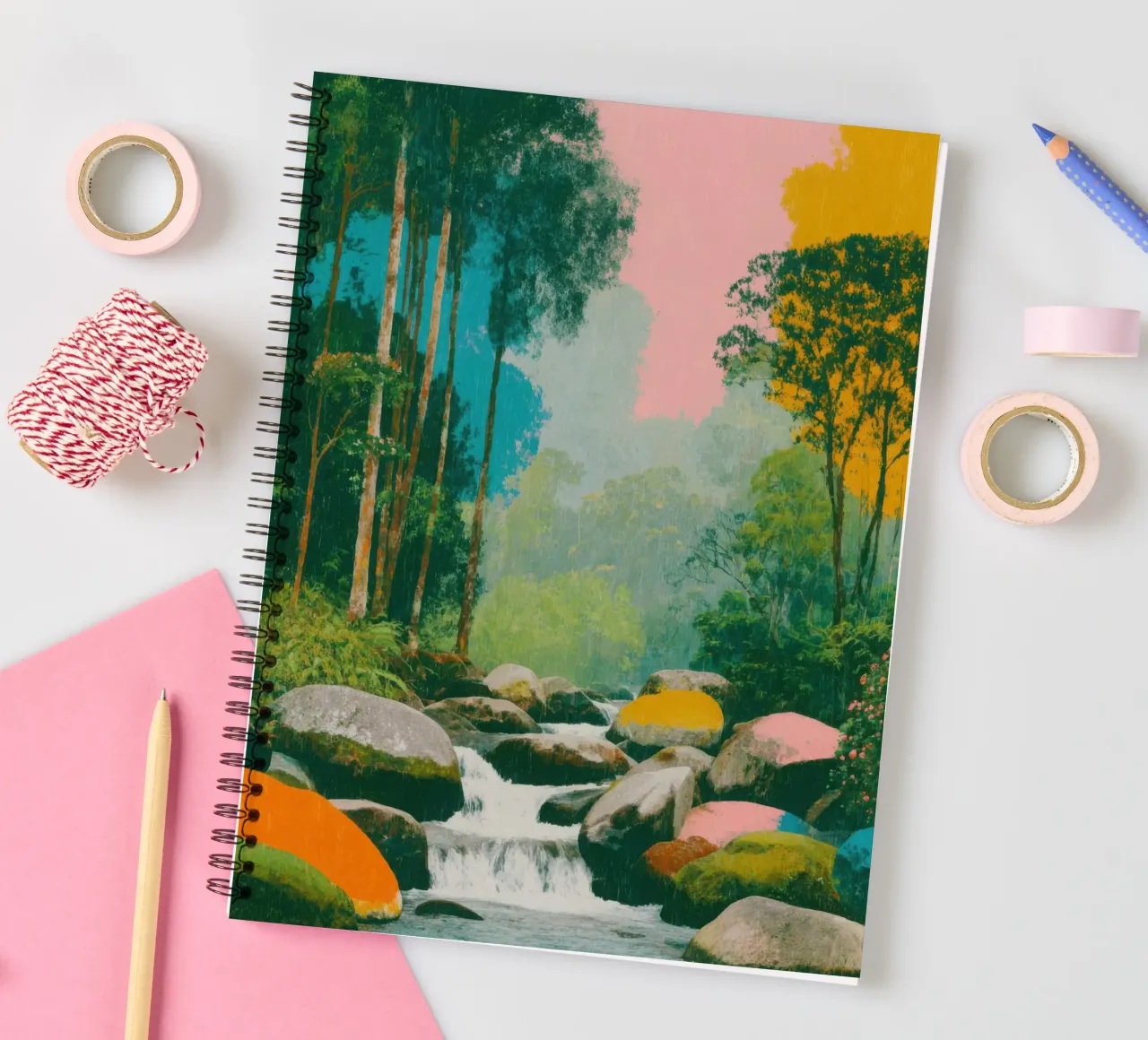 Fiume nella foresta in colori retrò diario ad anelli da Nikis Art Studio