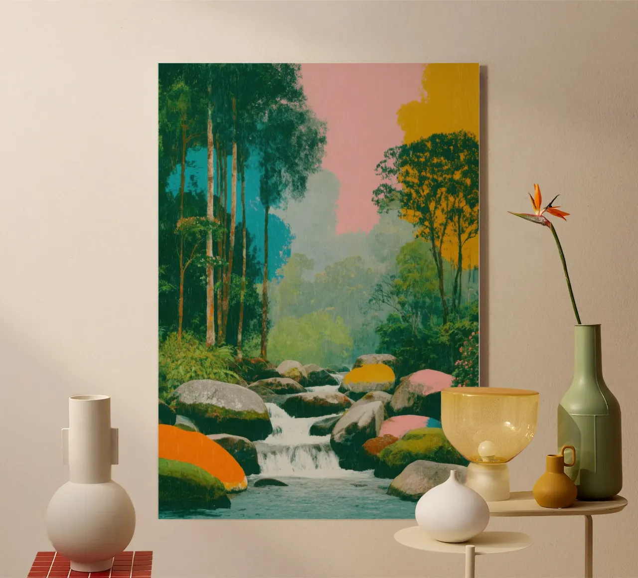 Fiume nella foresta in colori retrò plexiglass da Nikis Art Studio