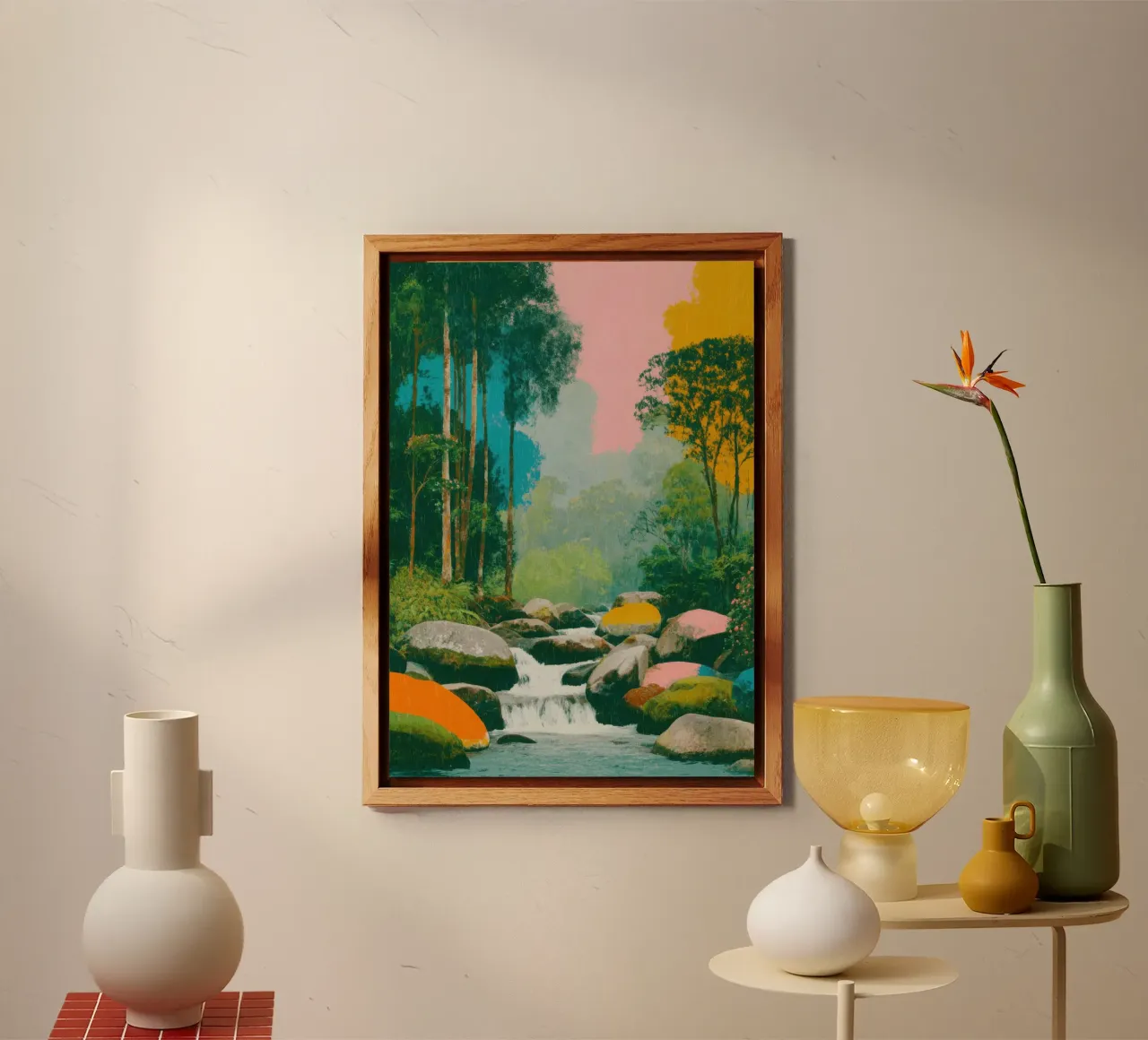 Fiume nella foresta in colori retrò alluminio dibond da Nikis Art Studio