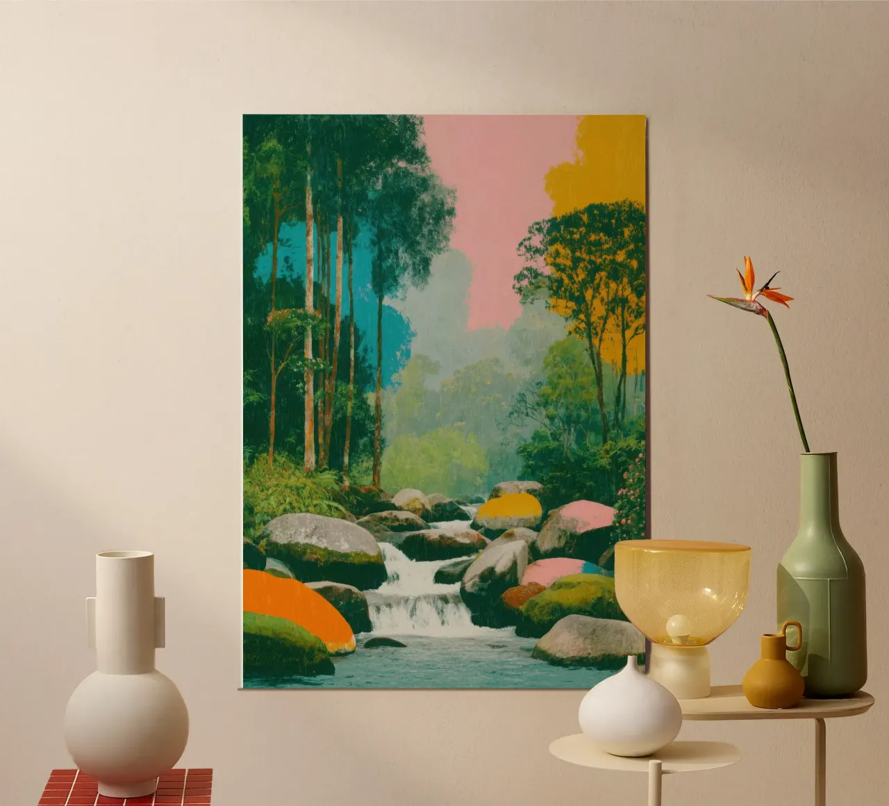 Fiume nella foresta in colori retrò alluminio dibond da Nikis Art Studio