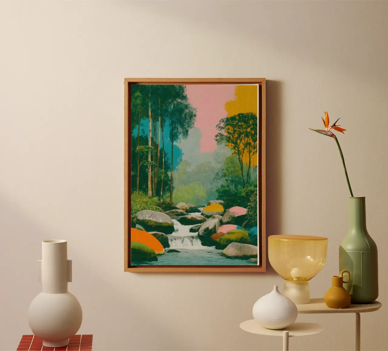 Fiume nella foresta in colori retrò tela da Nikis Art Studio