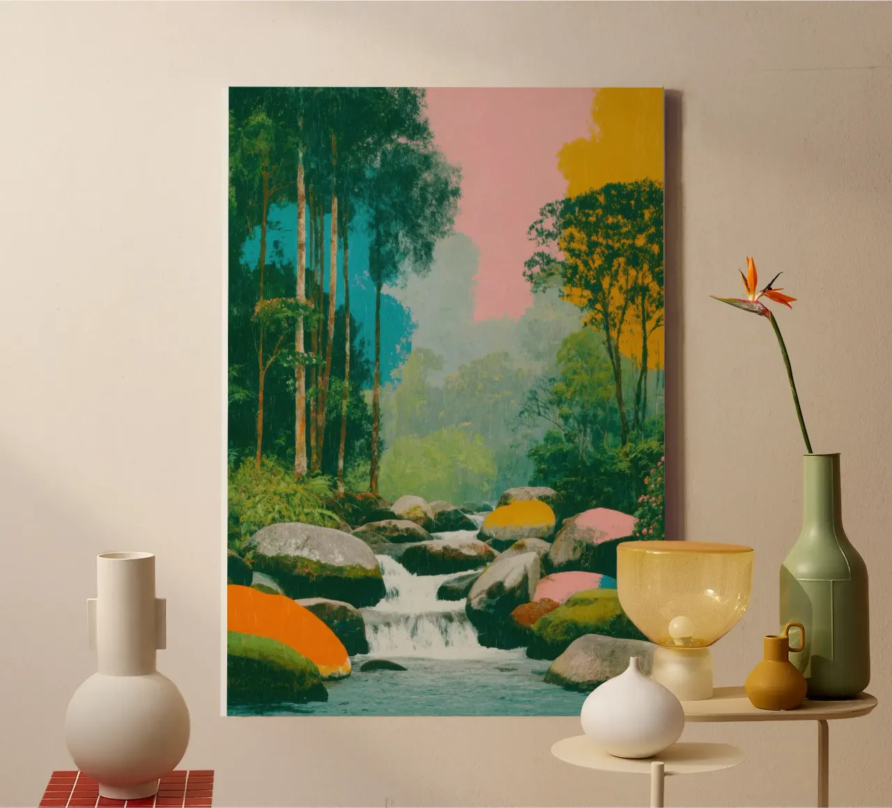 Fiume nella foresta in colori retrò tela da Nikis Art Studio