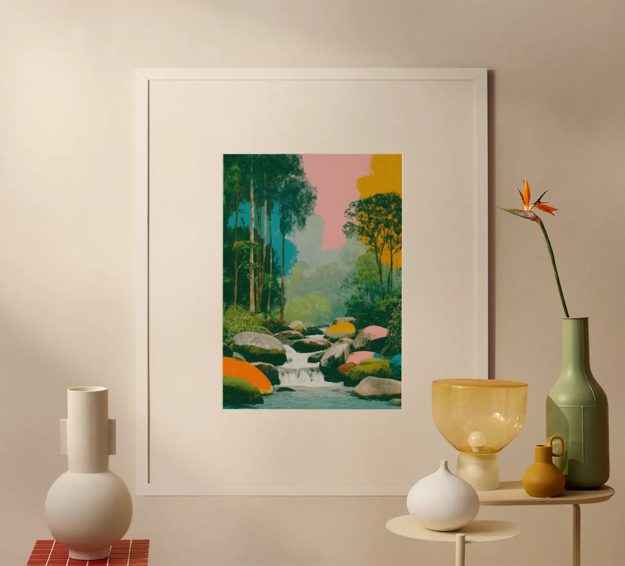 Fiume nella foresta in colori retrò carta hahnemühle da Nikis Art Studio