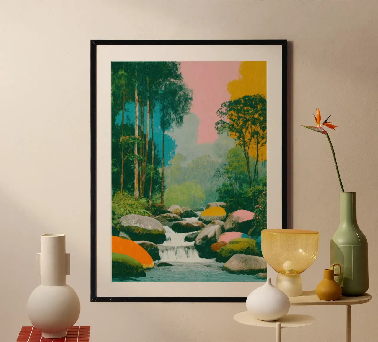 Fiume nella foresta in colori retrò carta hahnemühle da Nikis Art Studio