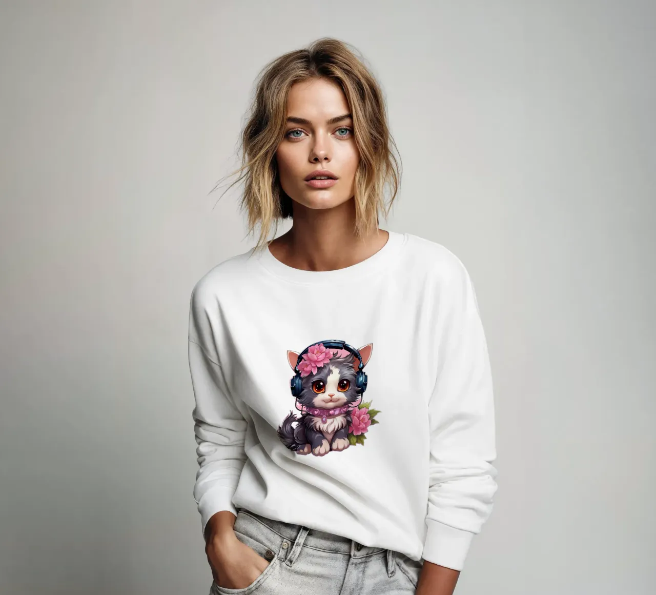 Miao met koptelefoon sweatshirt van Carinaprint