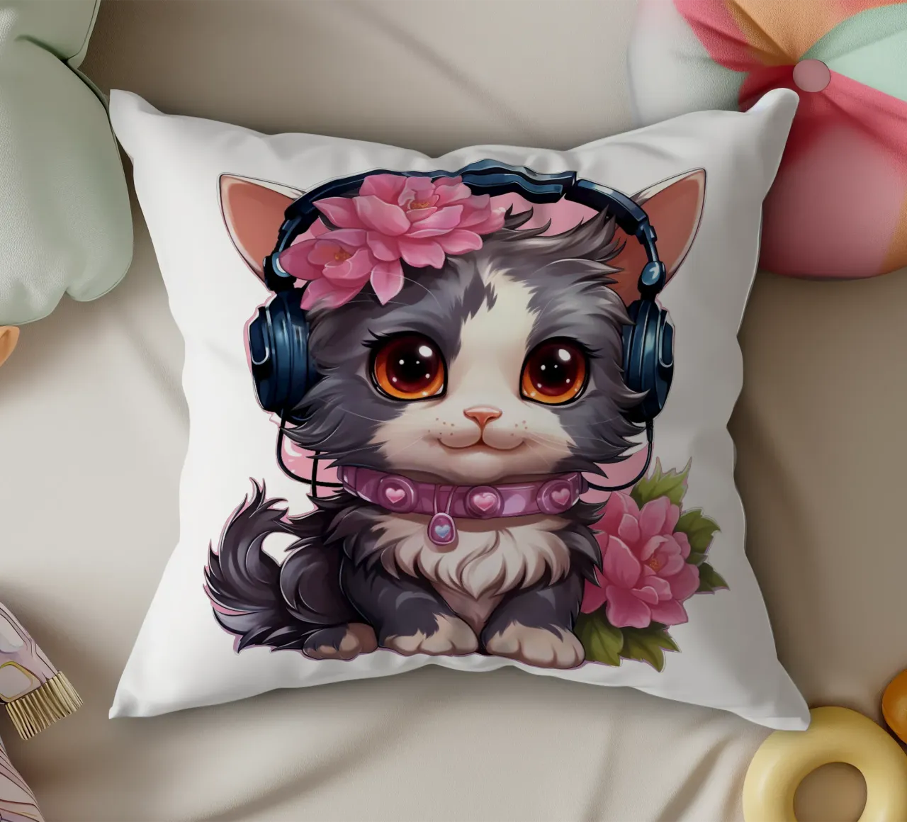 Miao con le cuffie cuscino da Carinaprint