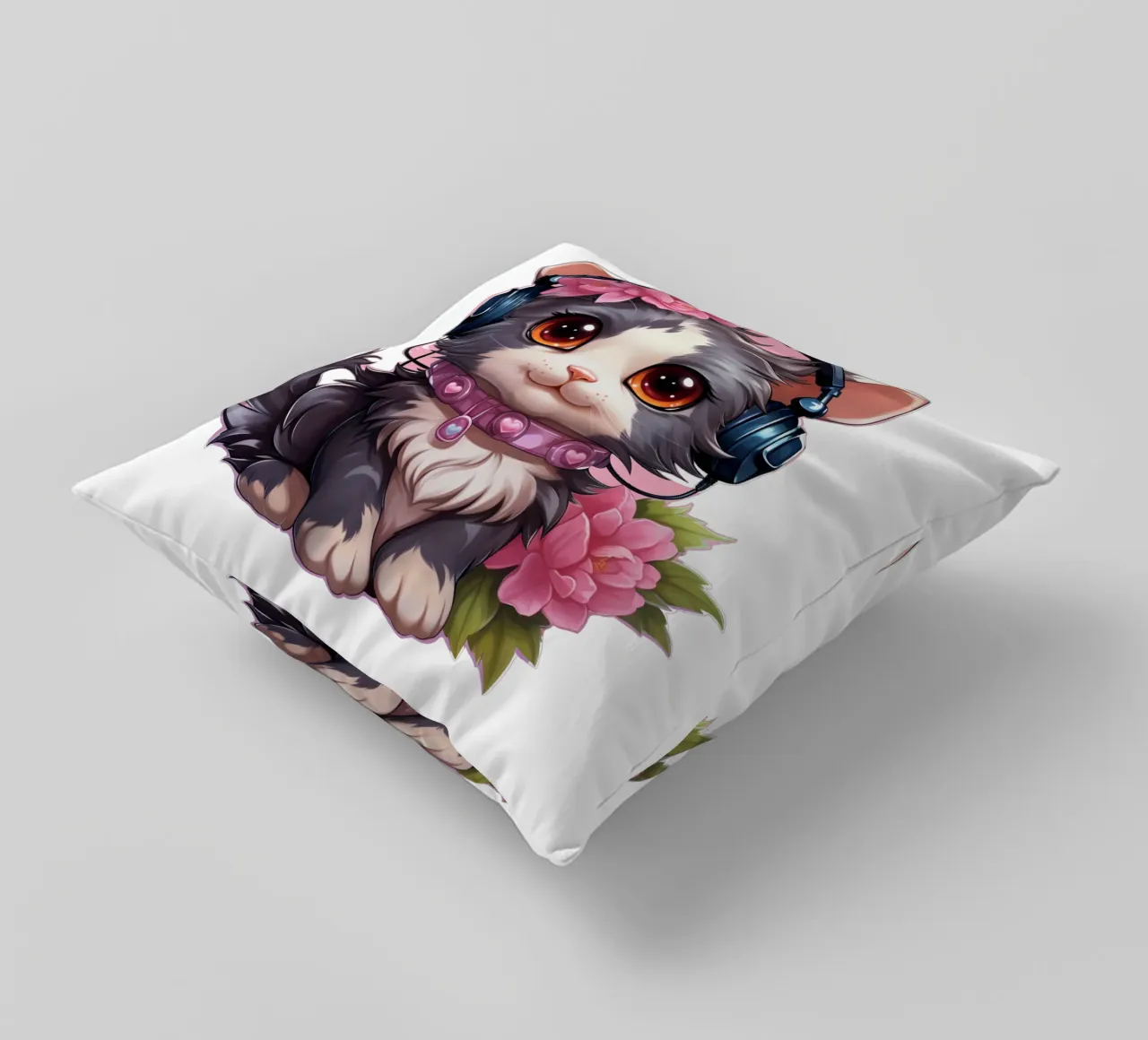 Miao con le cuffie cuscino da Carinaprint