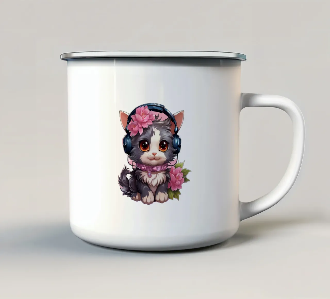 Miao con le cuffie tazza in smalto da Carinaprint