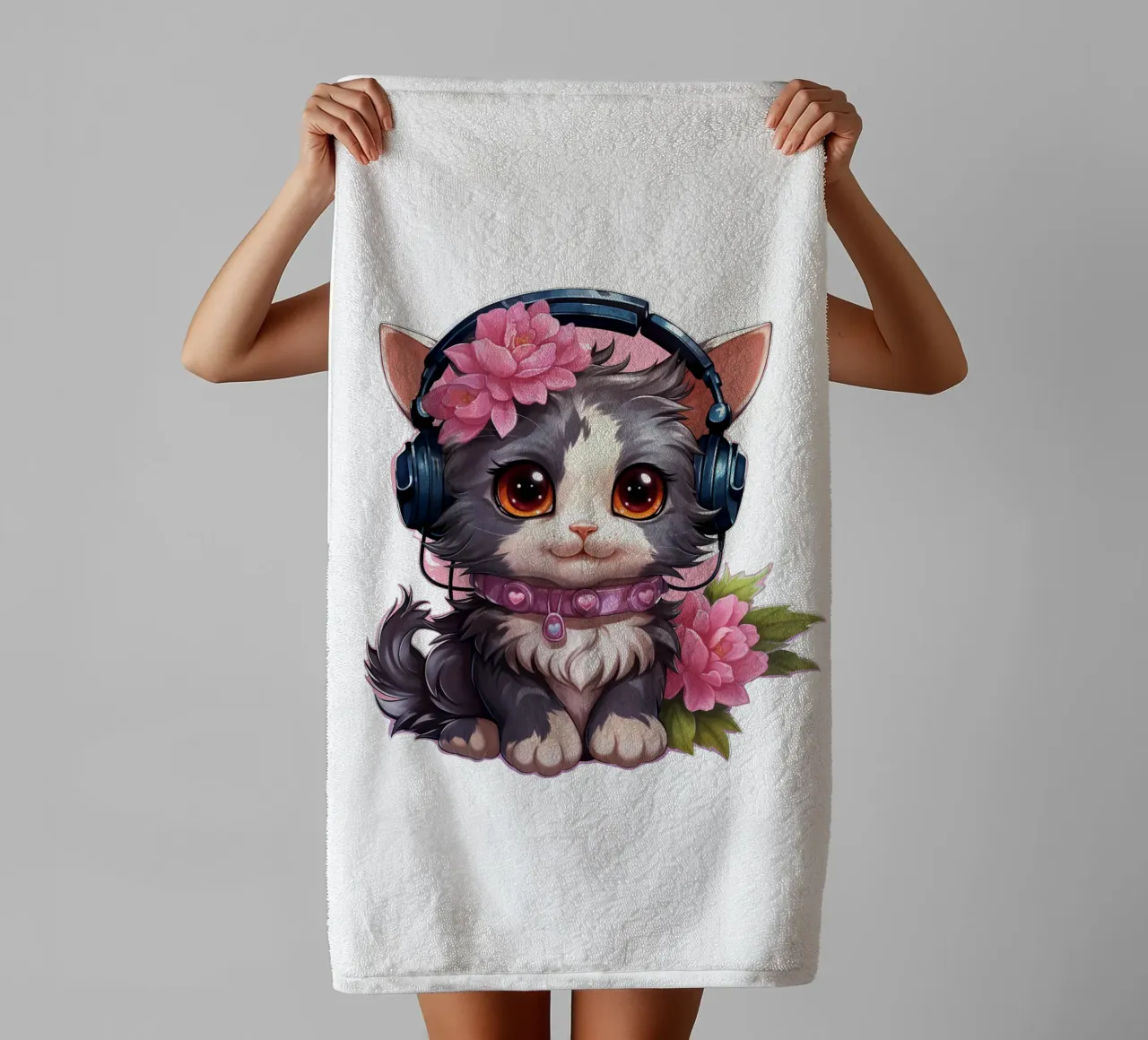 Miao con le cuffie asciugamano da bagno da Carinaprint