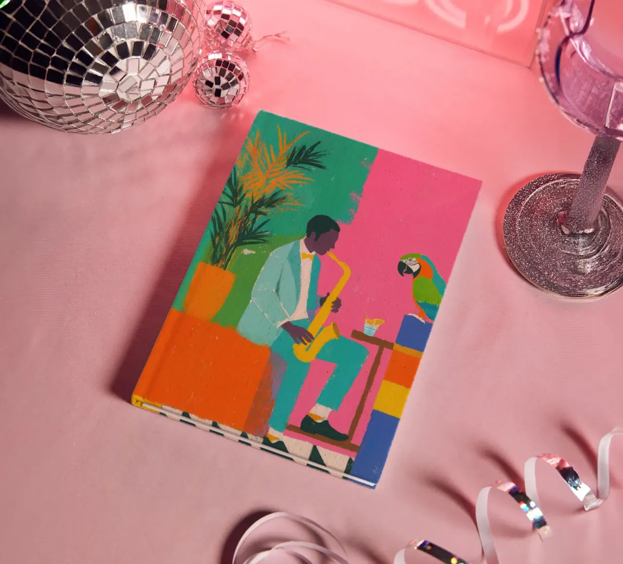 Man plays saxophone with parrot notebook by Nikis Art Studio