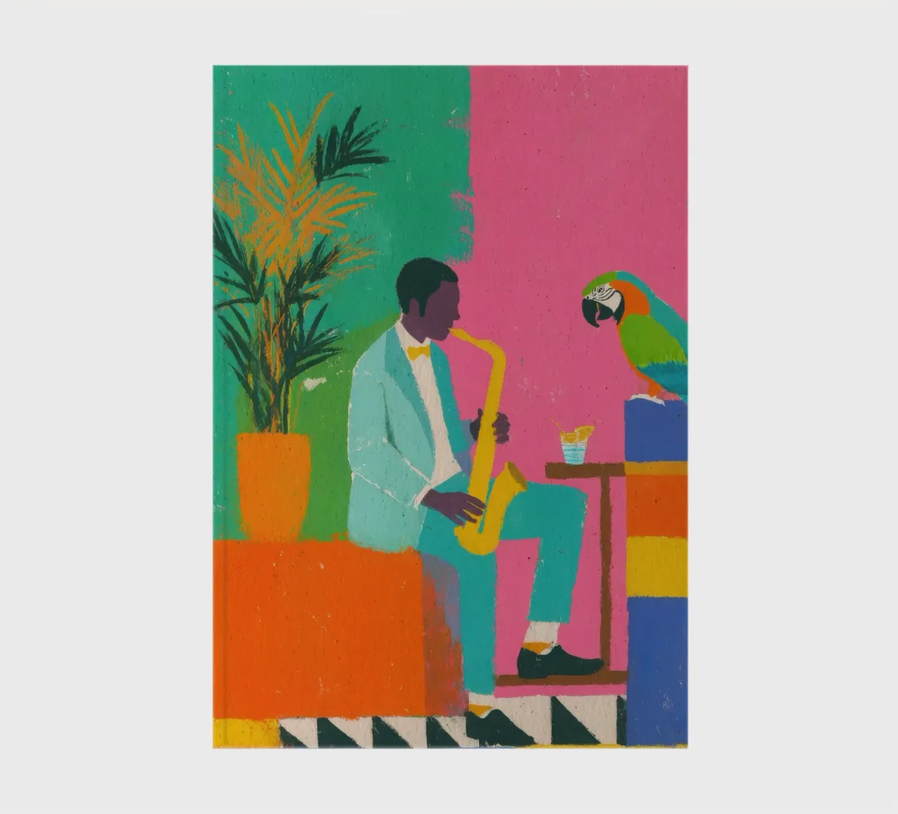 Man plays saxophone with parrot notebook by Nikis Art Studio