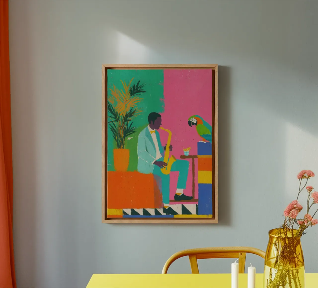 Man plays saxophone with parrot canvas by Nikis Art Studio