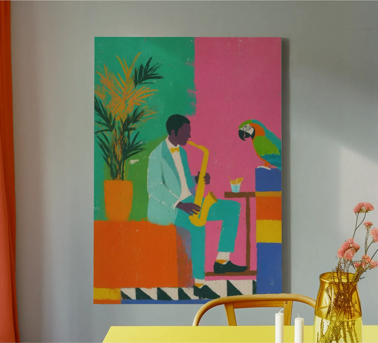 Man plays saxophone with parrot canvas by Nikis Art Studio