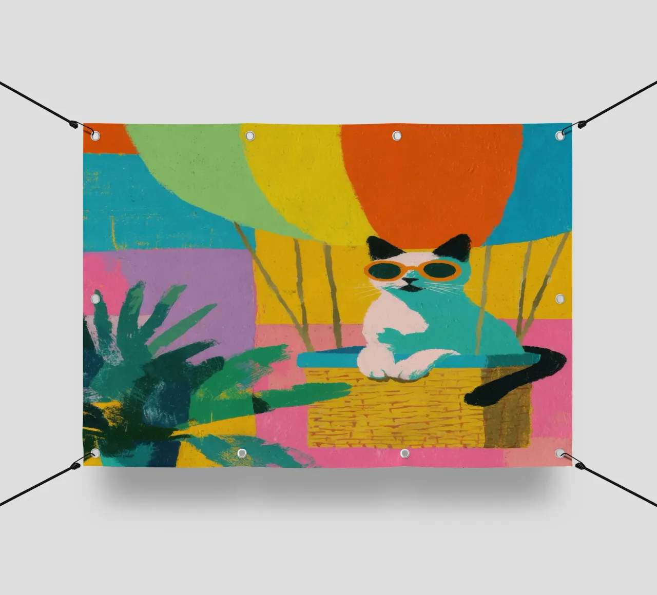 Gatto in mongolfiera con piante telo in pvc da Nikis Art Studio