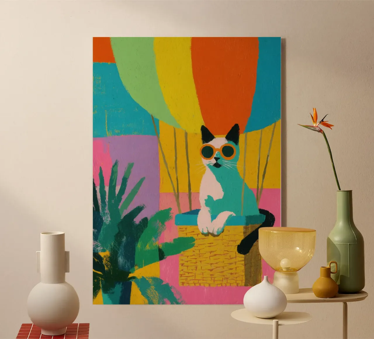 Gatto in mongolfiera con piante plexiglass da Nikis Art Studio