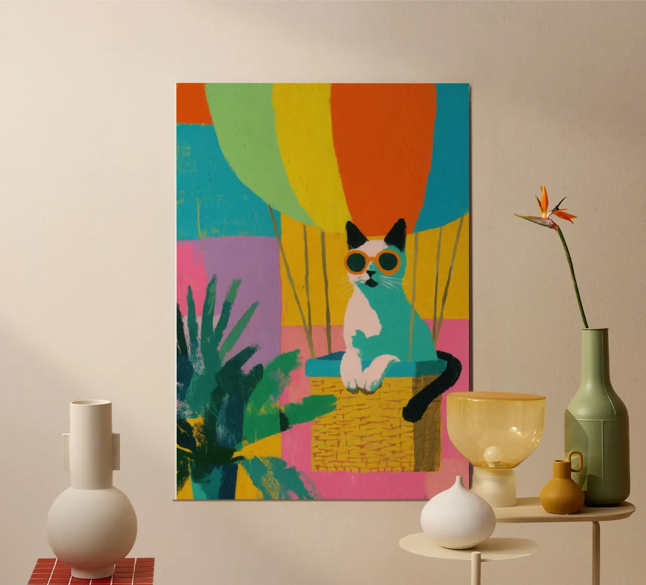 Gatto in mongolfiera con piante alluminio dibond da Nikis Art Studio