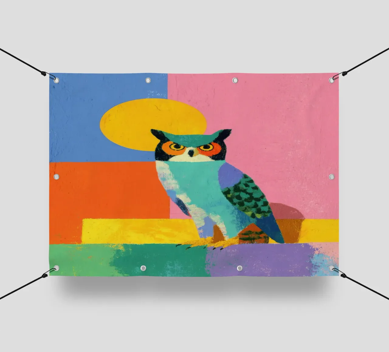 Gufo colorato con sole telo in pvc da Nikis Art Studio