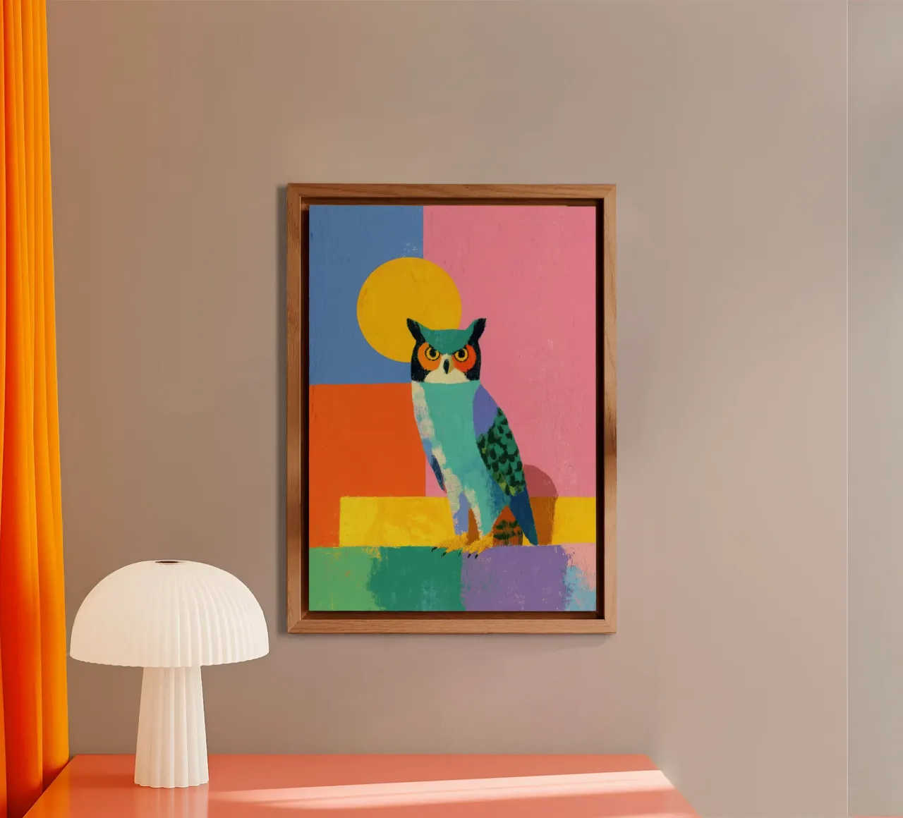 Gufo colorato con sole alluminio dibond da Nikis Art Studio