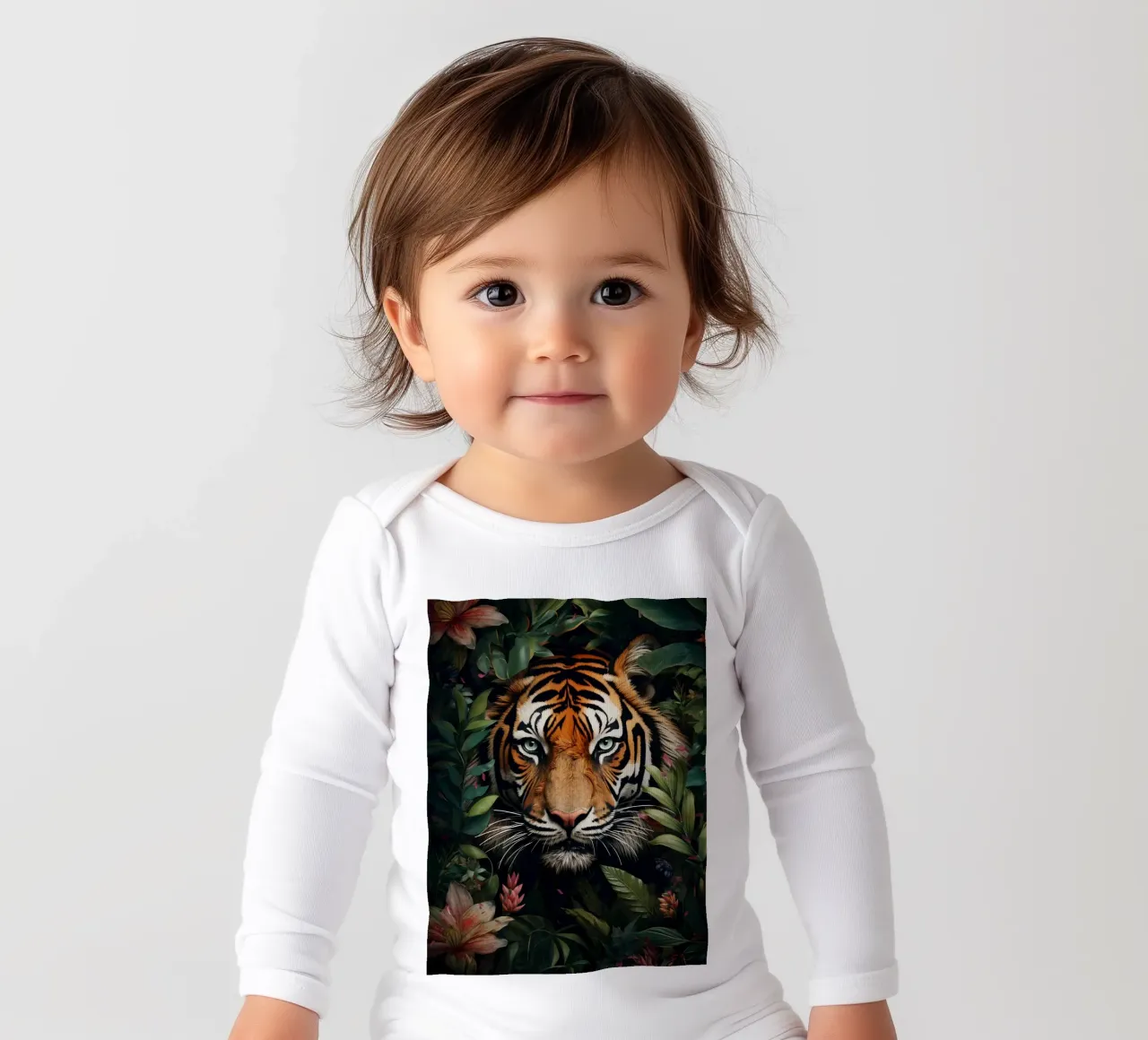 Tiger Flowers Leaves long-sleeve baby romper by Mateo