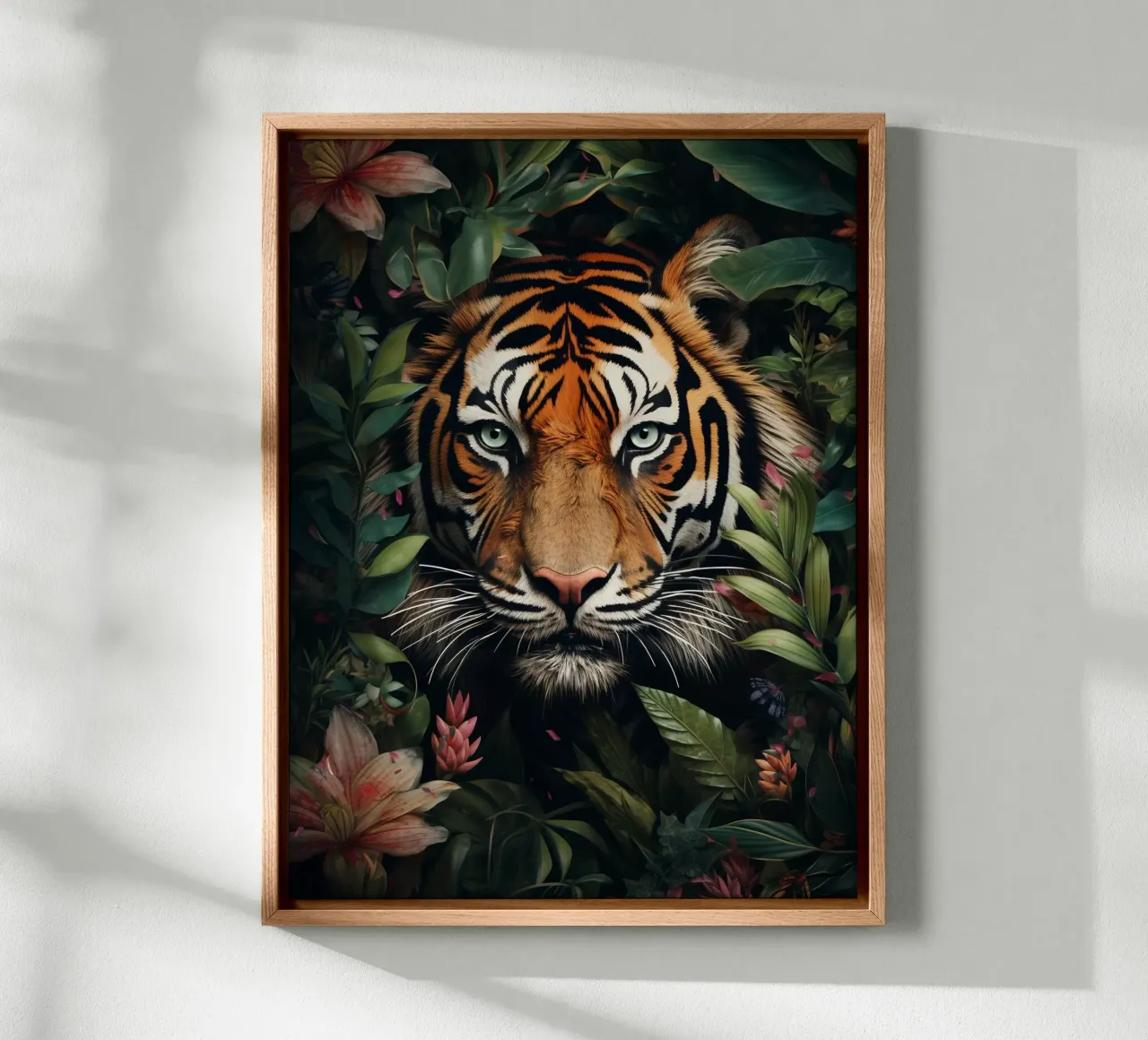 Tiger Flowers Leaves canvas with Floater frame by Mateo