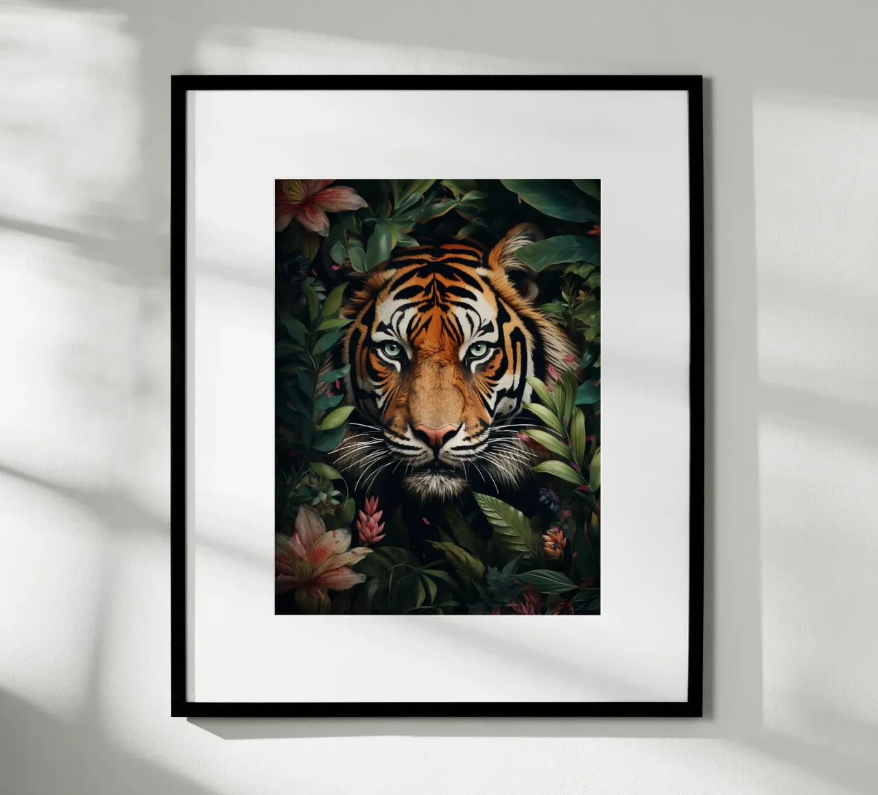 Tiger Blumen Blätter Poster mit Kunststoffrahmen von Mateo