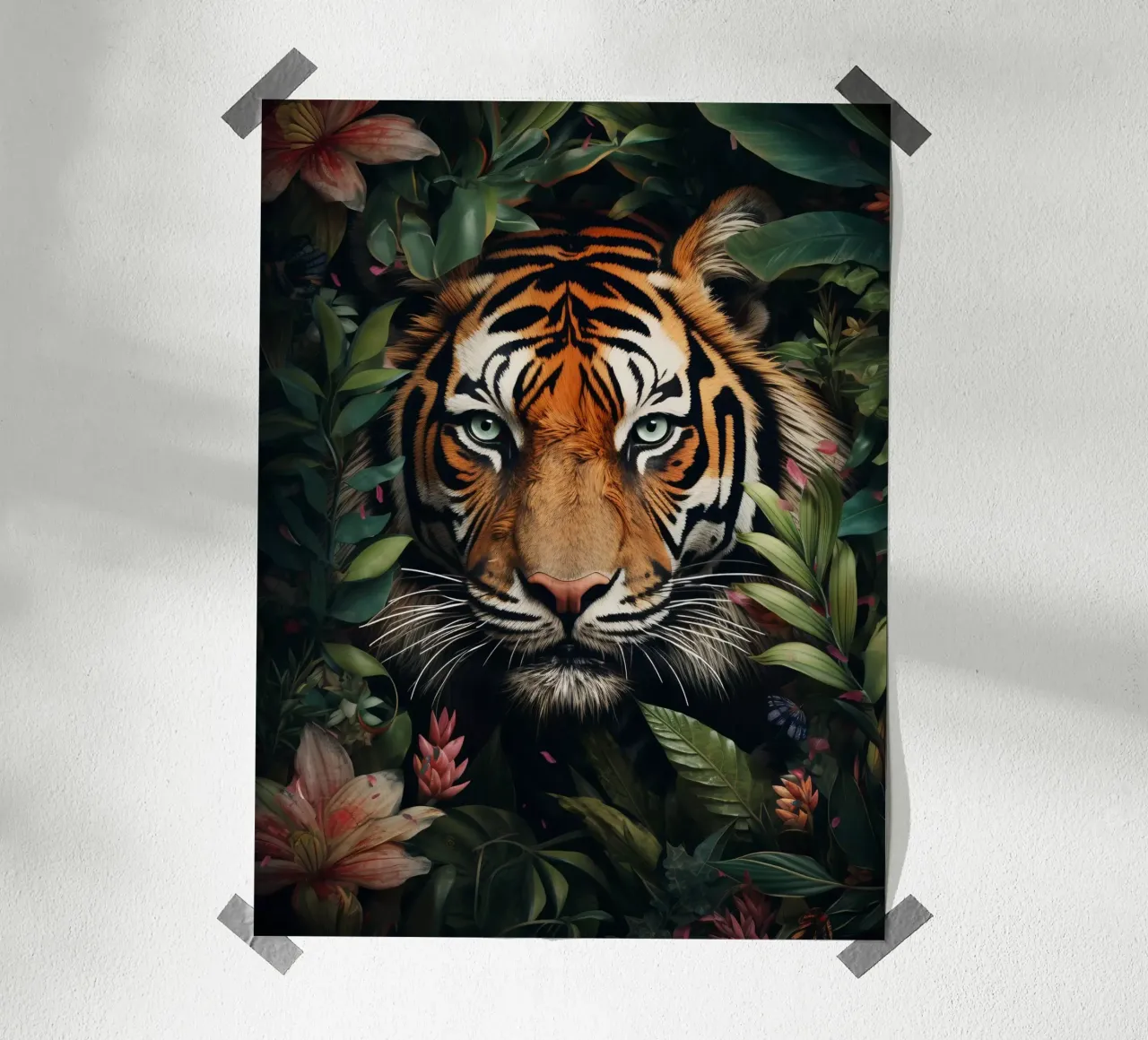 Tiger Blumen Blätter Poster mit Kunststoffrahmen von Mateo