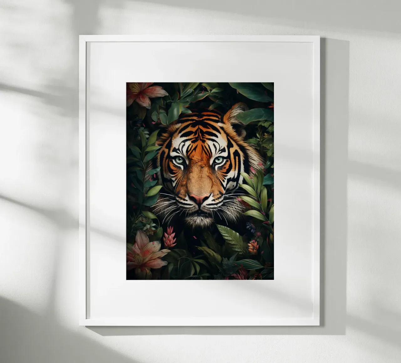 Tiger Blumen Blätter Poster mit Kunststoffrahmen von Mateo