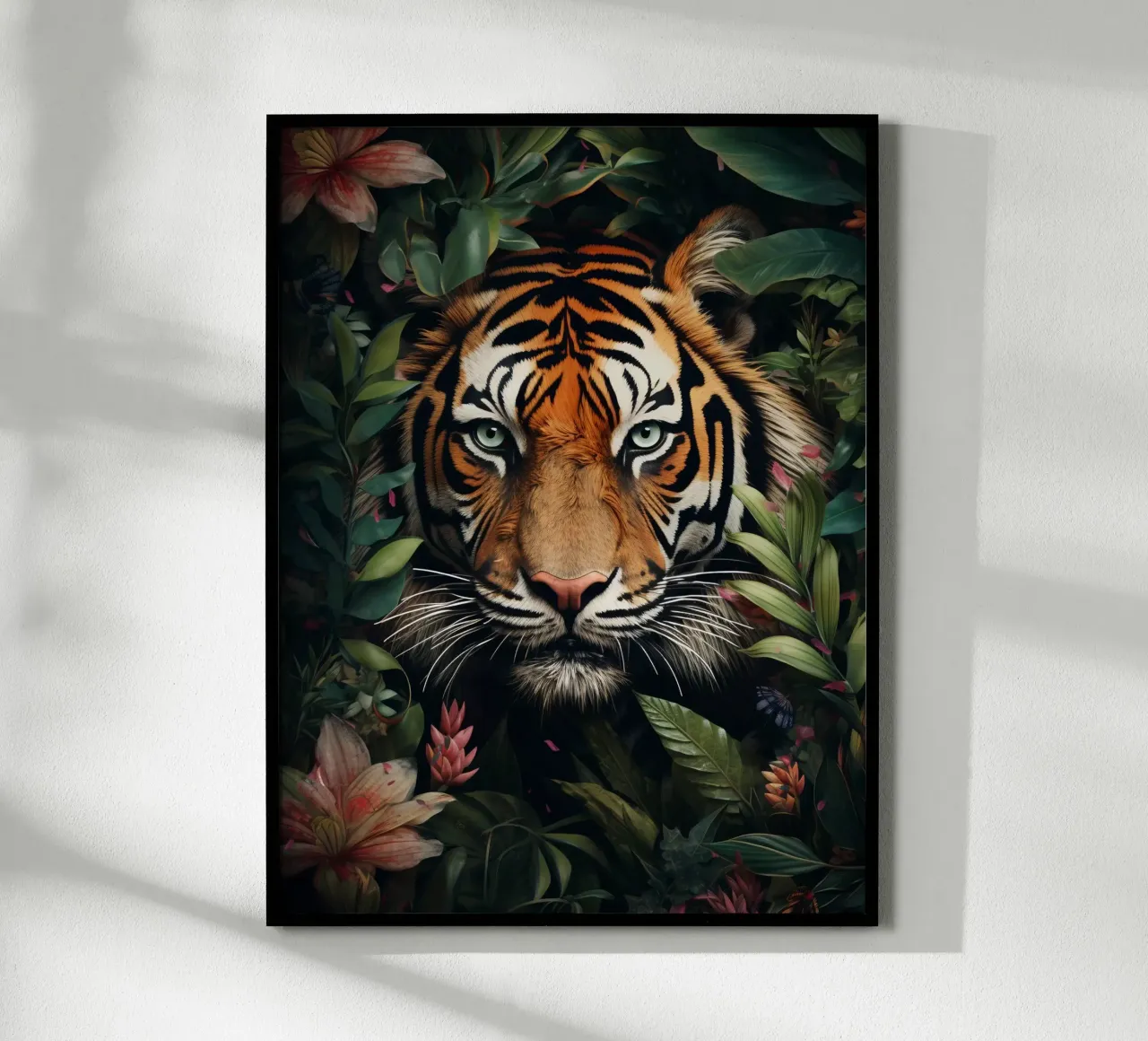 Tiger Blumen Blätter Poster mit Kunststoffrahmen von Mateo