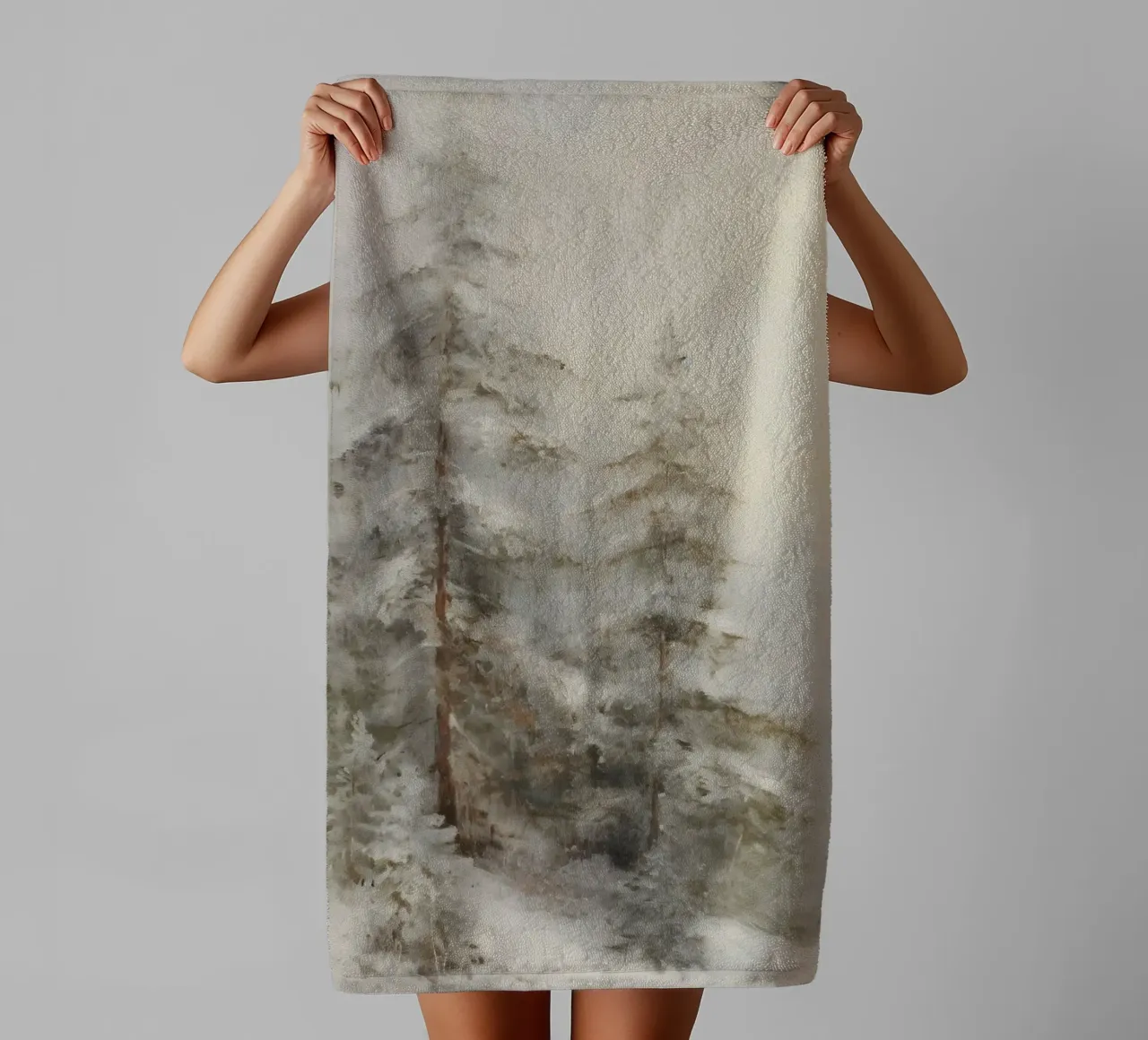 Winter forest - Snow-covered fir trees in the fog towel by Studio Vibe