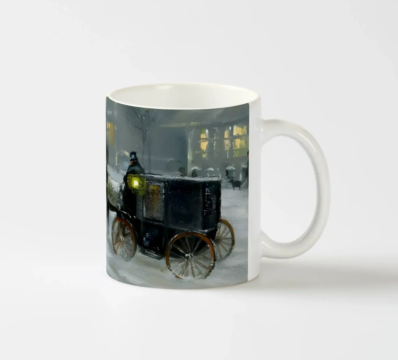 Nostalgica città invernale con carrozza a cavalli tazza in ceramica da Studio Vibe