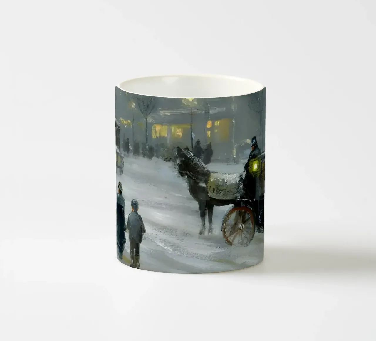 Nostalgica città invernale con carrozza a cavalli tazza in ceramica da Studio Vibe