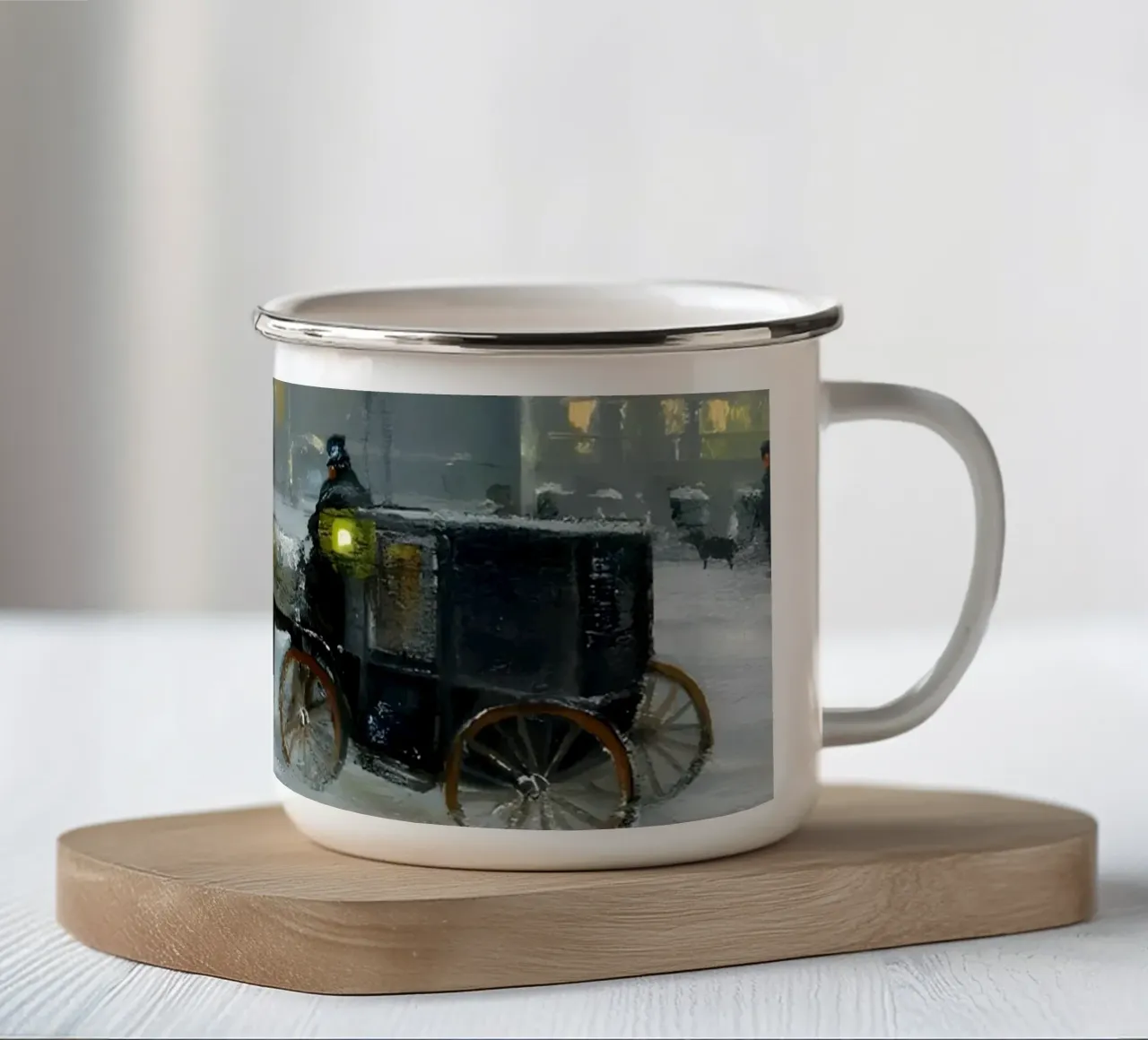 Nostalgica città invernale con carrozza a cavalli tazza in smalto da Studio Vibe