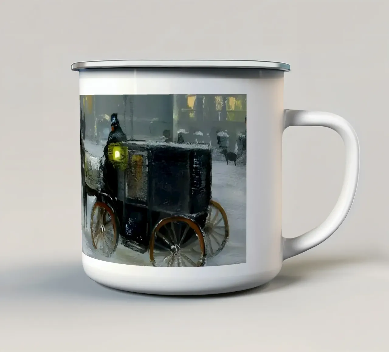 Nostalgica città invernale con carrozza a cavalli tazza in smalto da Studio Vibe