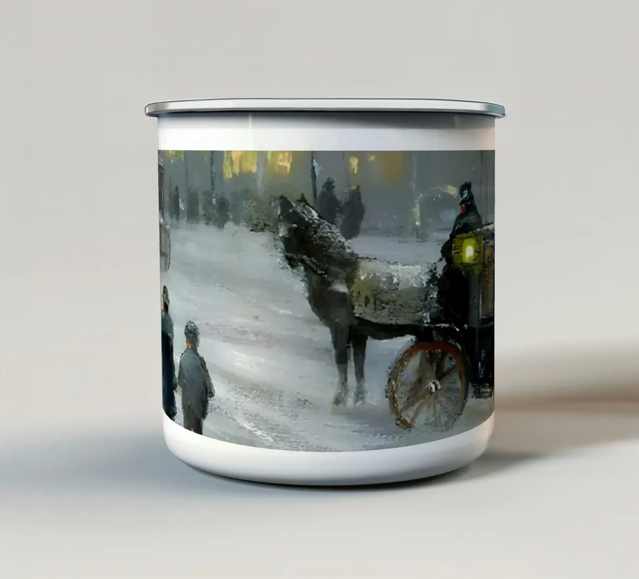 Nostalgica città invernale con carrozza a cavalli tazza in smalto da Studio Vibe