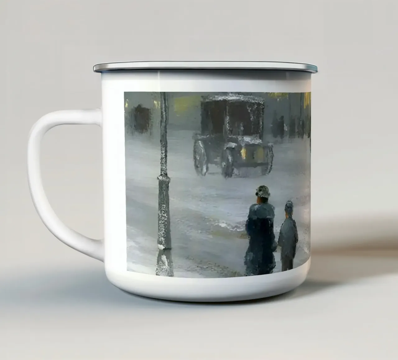 Nostalgica città invernale con carrozza a cavalli tazza in smalto da Studio Vibe