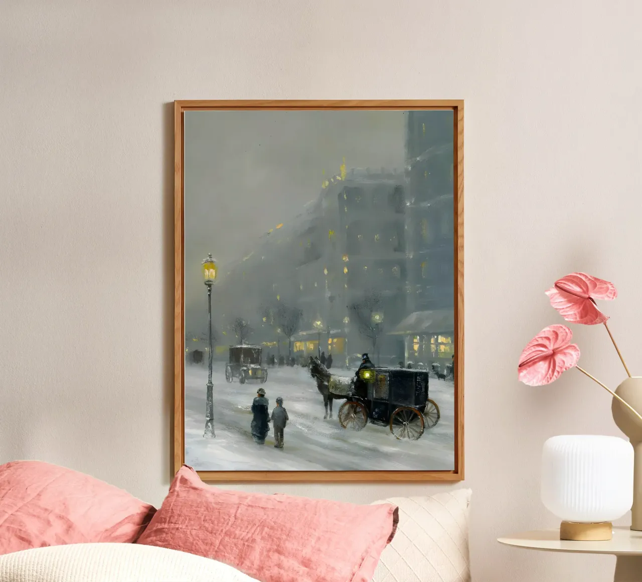 Nostalgica città invernale con carrozza a cavalli alluminio dibond da Studio Vibe