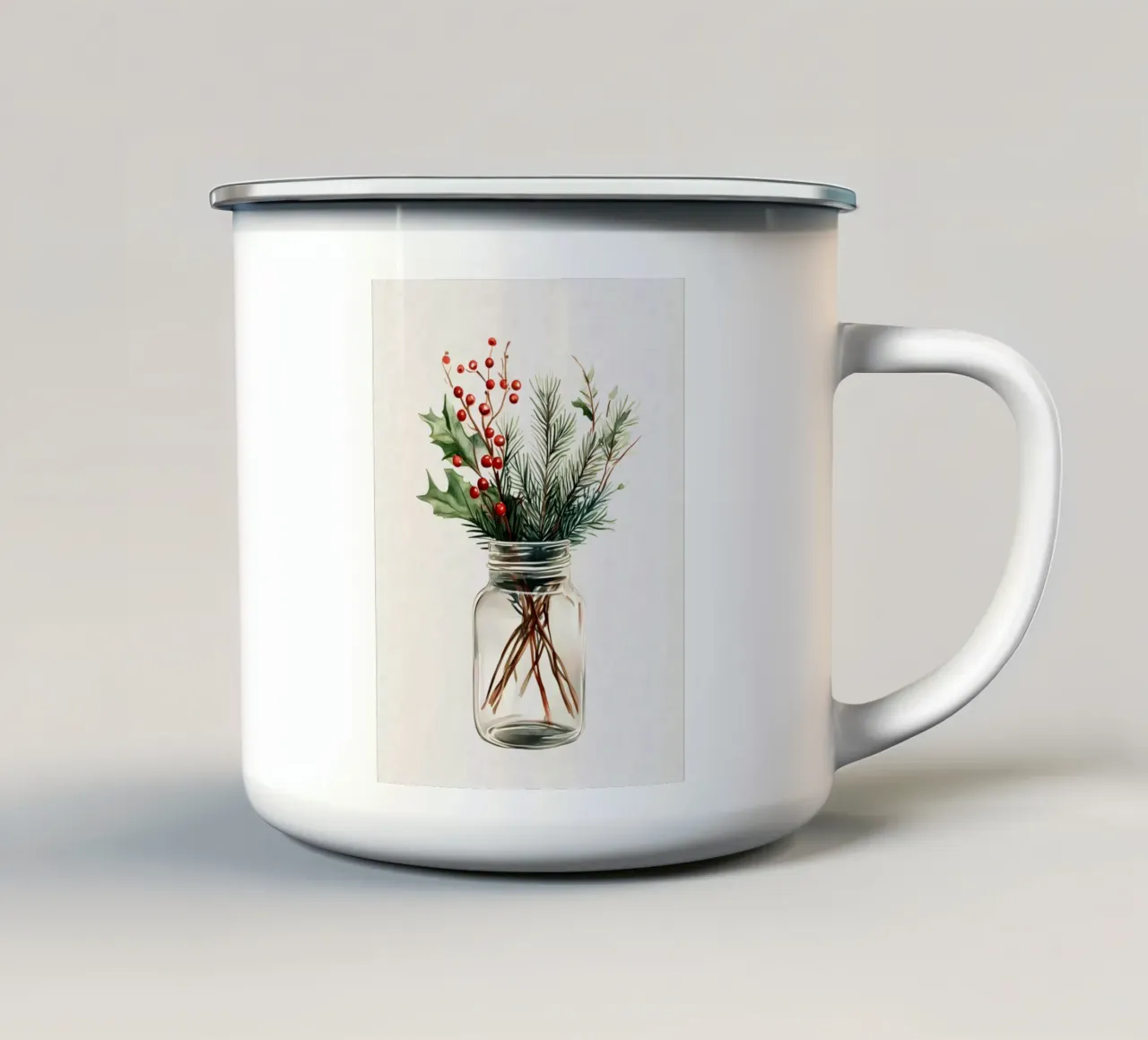 Bouquet natalizio di rami di abete e bacche rosse in vaso tazza in smalto da Studio Vibe