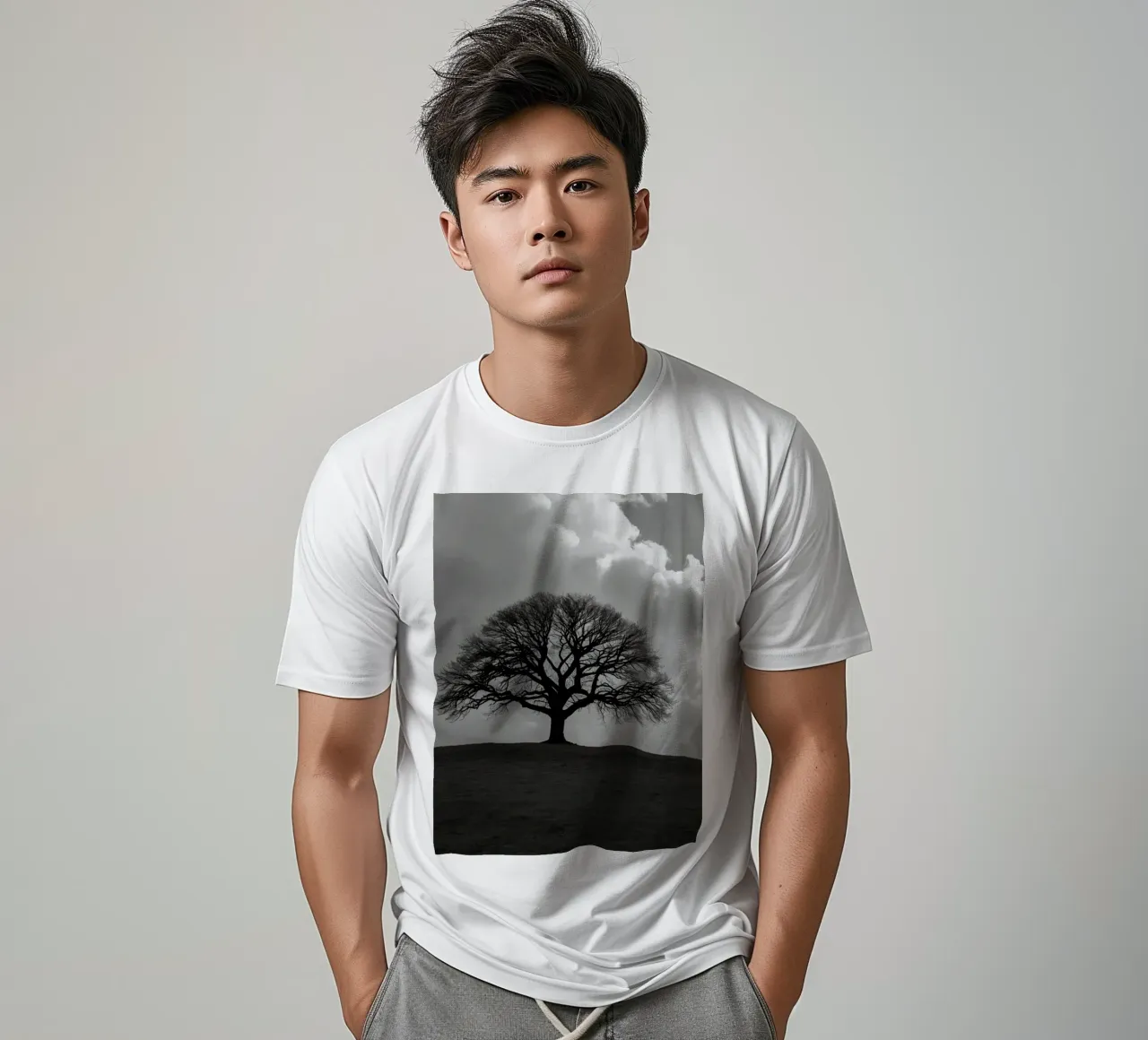 Sagoma di un albero spoglio su una collina contro un cielo nuvoloso t-shirt da DesignDoodle