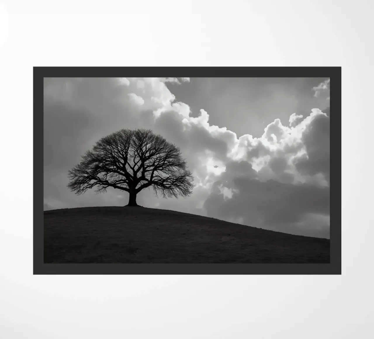 Silhouette of a bare tree on a hill against a cloudy sky doormat by DesignDoodle