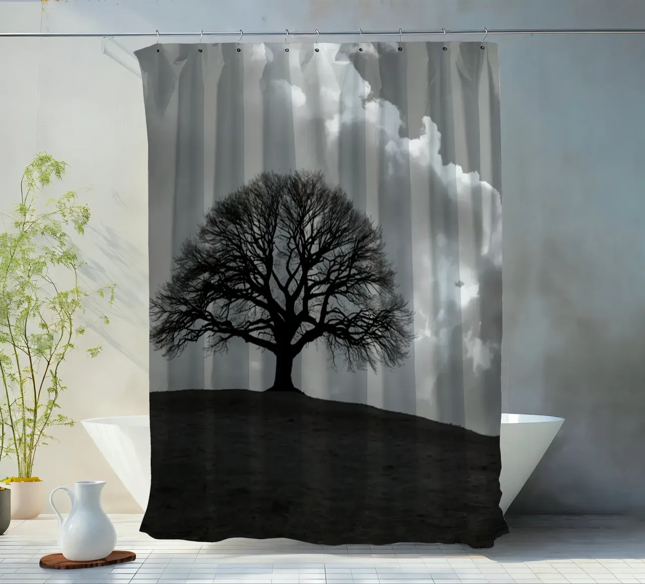 Sagoma di un albero spoglio su una collina contro un cielo nuvoloso tenda da doccia da DesignDoodle