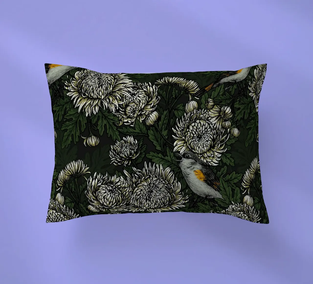 I codirossi nei crisantemi verdi e bianchi cuscino da Painted Nature