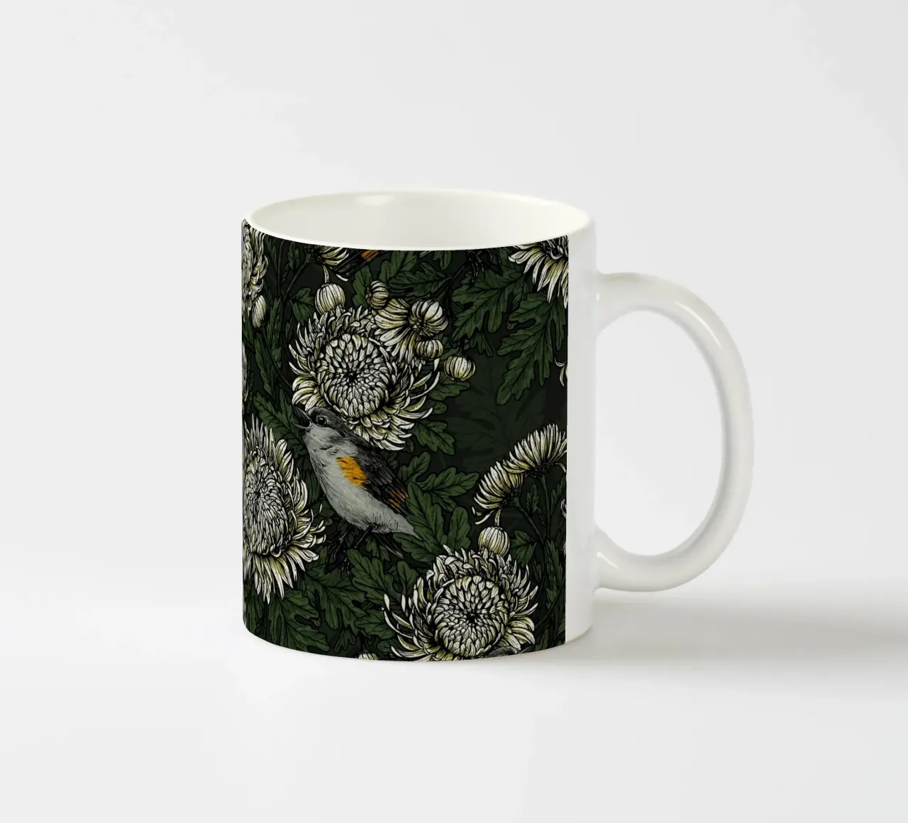 I codirossi nei crisantemi verdi e bianchi tazza in ceramica da Painted Nature