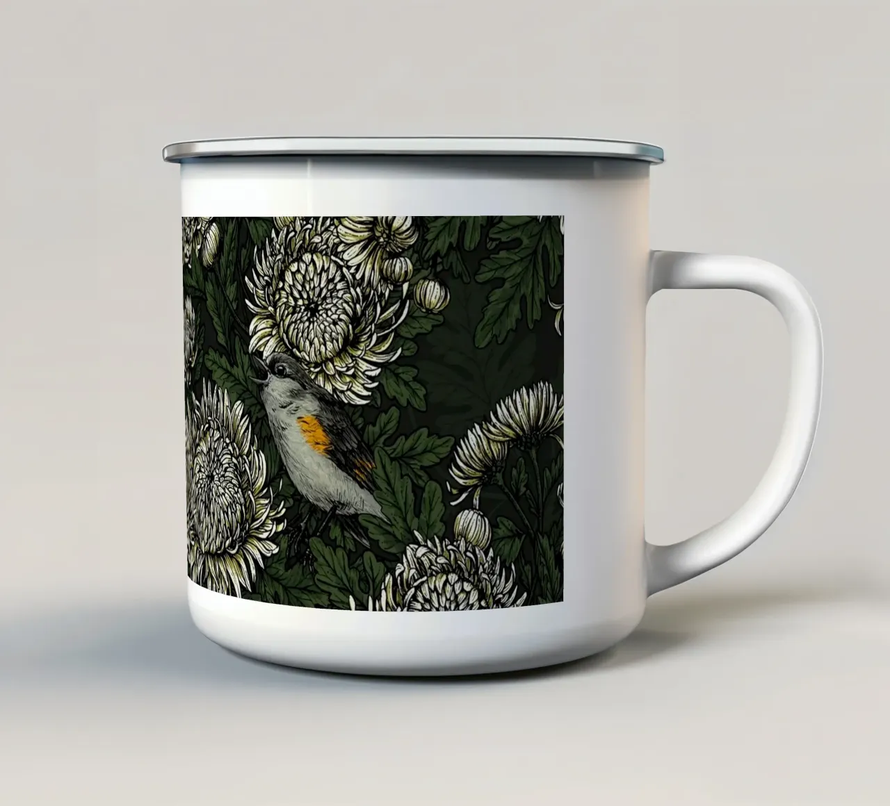 I codirossi nei crisantemi verdi e bianchi tazza in smalto da Painted Nature