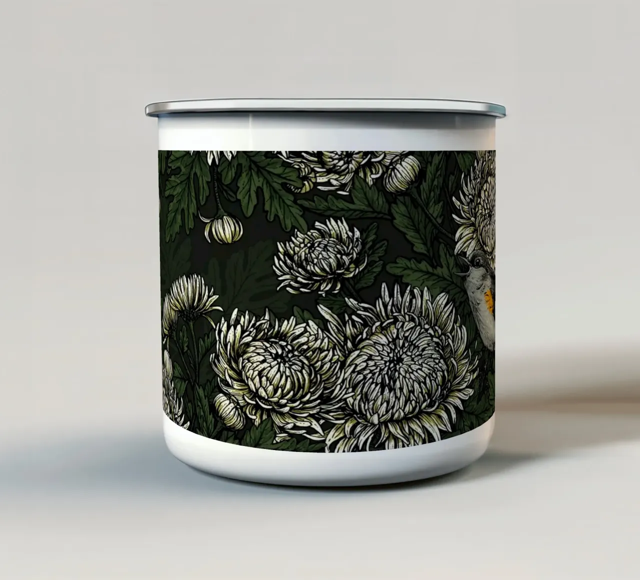 I codirossi nei crisantemi verdi e bianchi tazza in smalto da Painted Nature