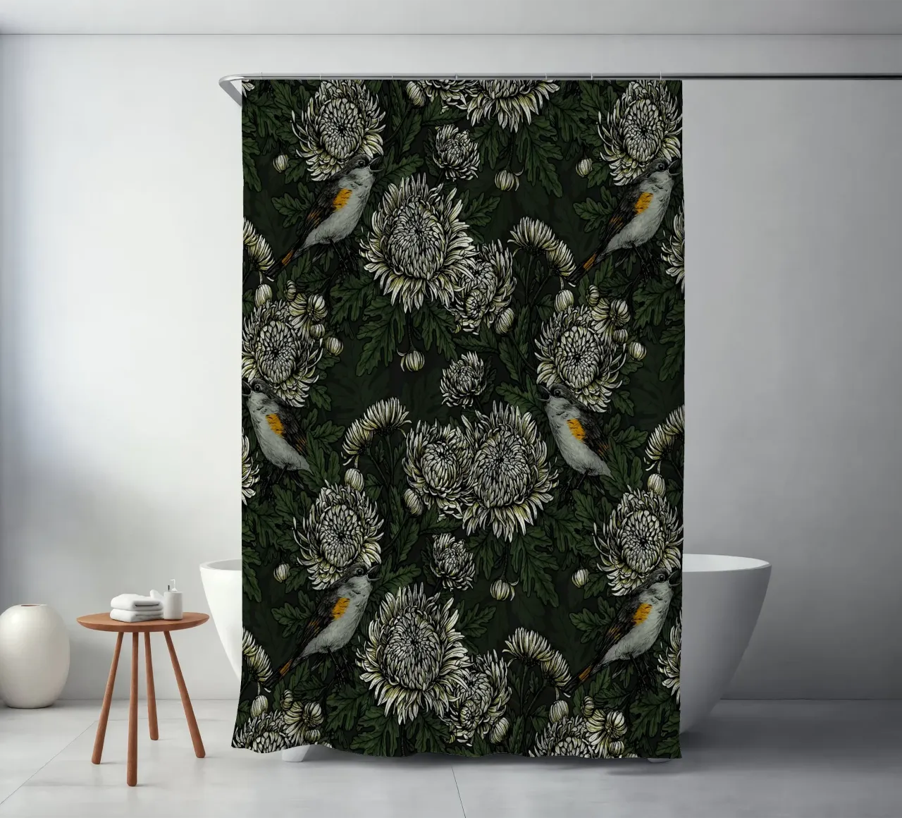 I codirossi nei crisantemi verdi e bianchi tenda da doccia da Painted Nature